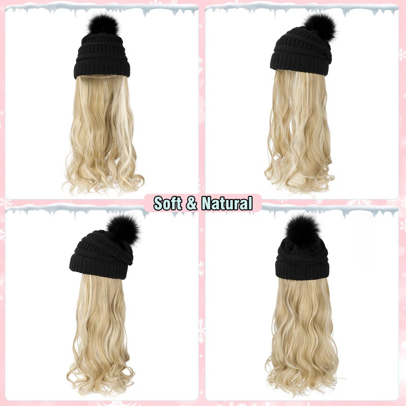 Lansigreen Hat Wig Beanie Hat with Hair Long Wavy Extensions Knit Pom Pom Hat Attached 20" Synthetic Removable Hairpiece for Women Winter Ash Blonde Mix Bleach Blonde - Image 3